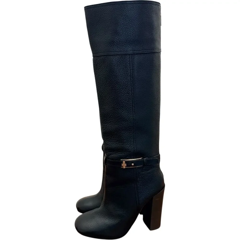Tory Burch Jenna Black Pebbled Leather Knee High Boots Size 8.5